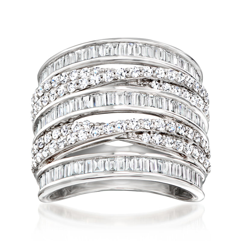 Sterling silver diamond highway ring, stacked bands with baguette and round stones