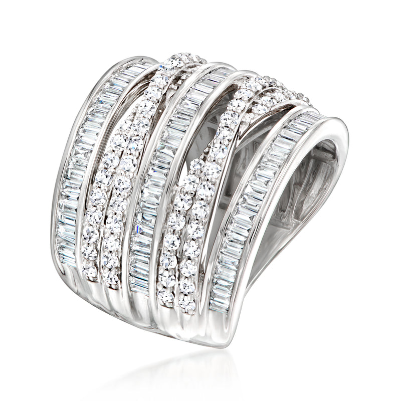 Sterling silver diamond ring with stacked square-cut and round sparkling stones, side view