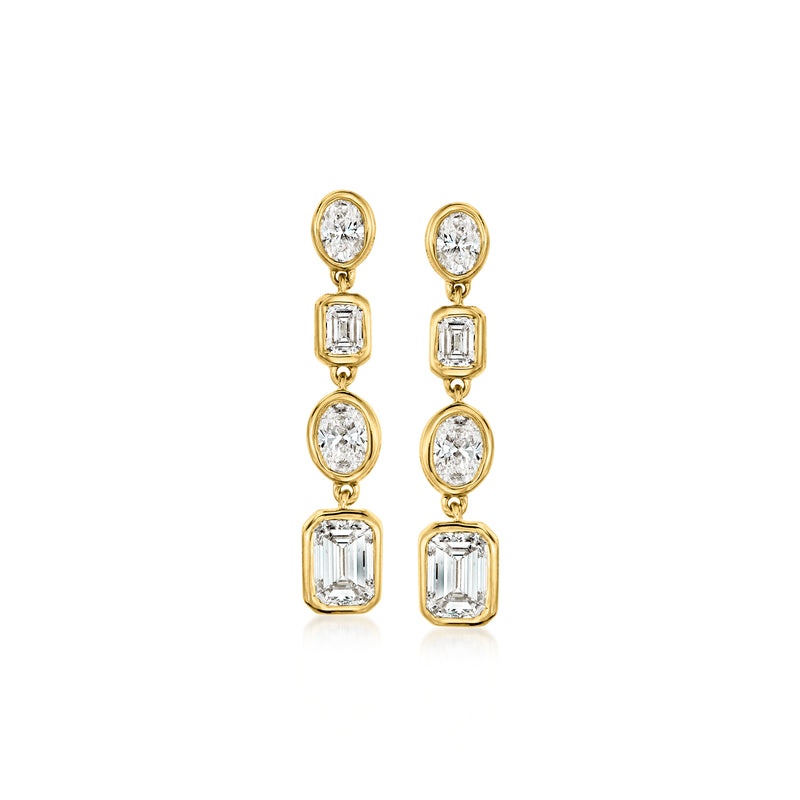 Gold diamond drop earrings with bezel-set round and square stones, three-tier design