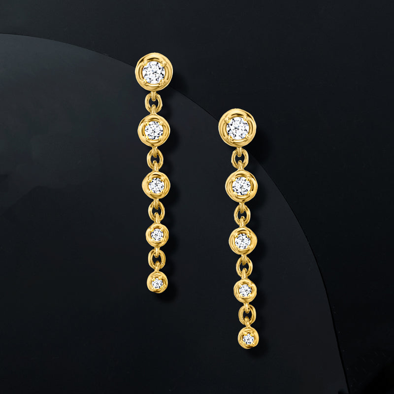 Gold drop earrings with bezel-set round lab-grown diamonds and linked dangling drops