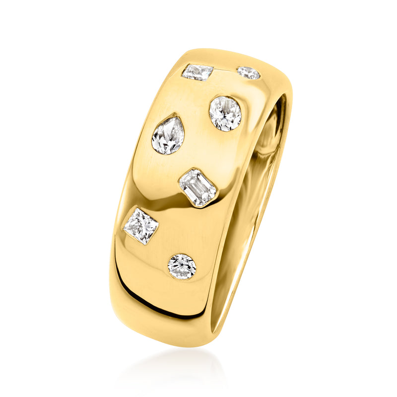 Gold over sterling lab-grown diamond ring with mixed oval and square stones, angled view