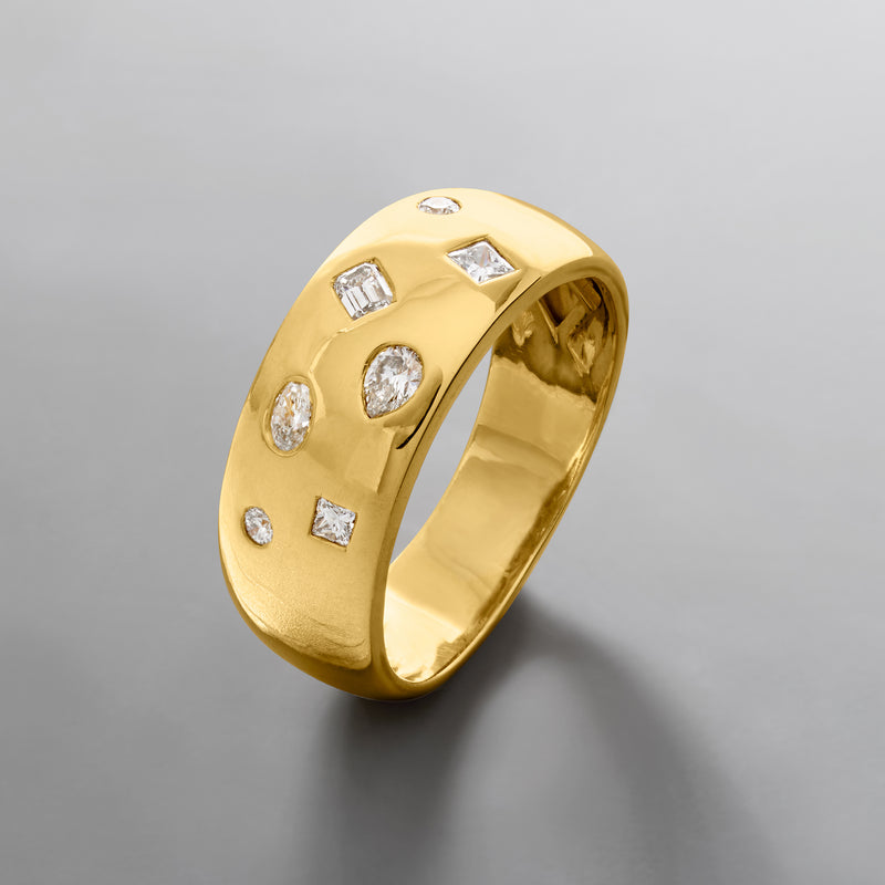 Gold over sterling lab-grown diamond ring with mixed round and square stones, side view