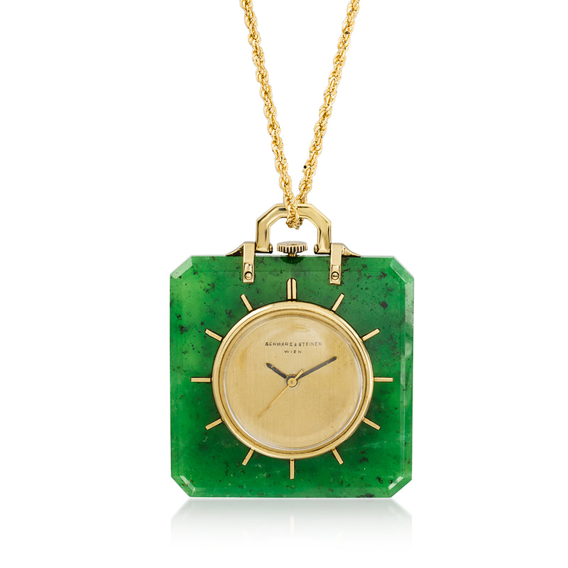 Vintage 14kt yellow gold watch pendant necklace with green rectangular gemstone and round dial