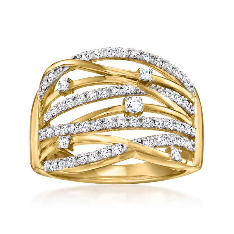 Gold over sterling diamond highway ring with curved bands and lab-grown stones