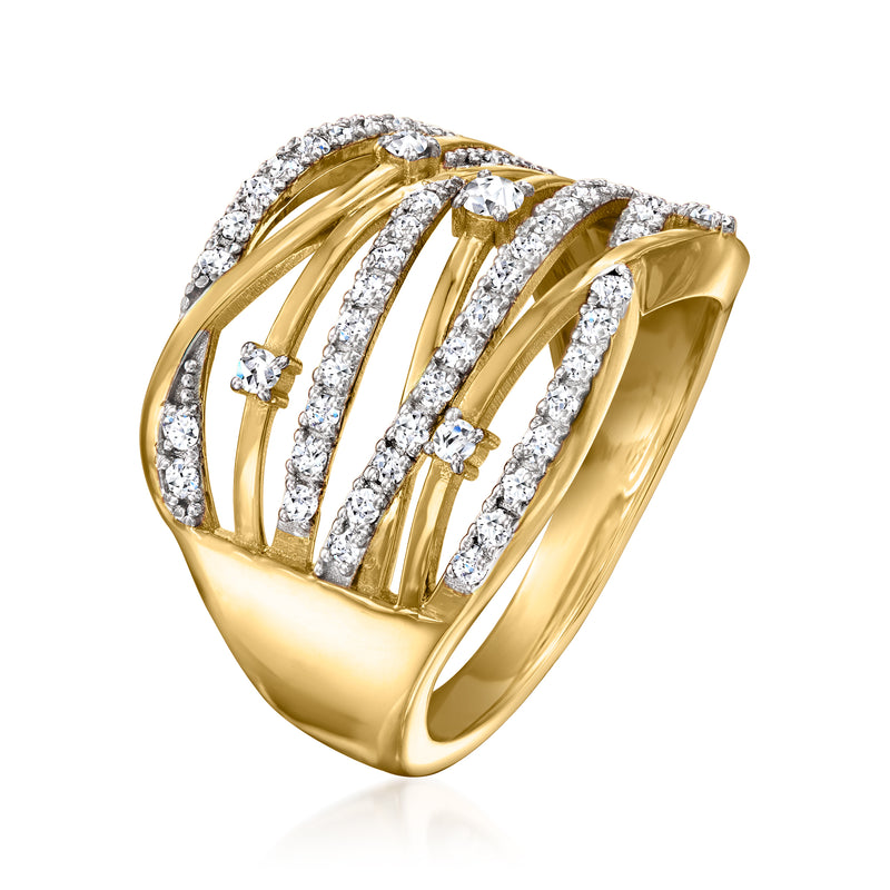 Gold highway diamond ring with raised diamond rows, angled side view