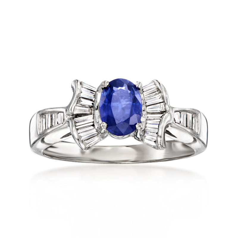 Oval blue sapphire ring with baguette diamonds in 18kt white gold setting