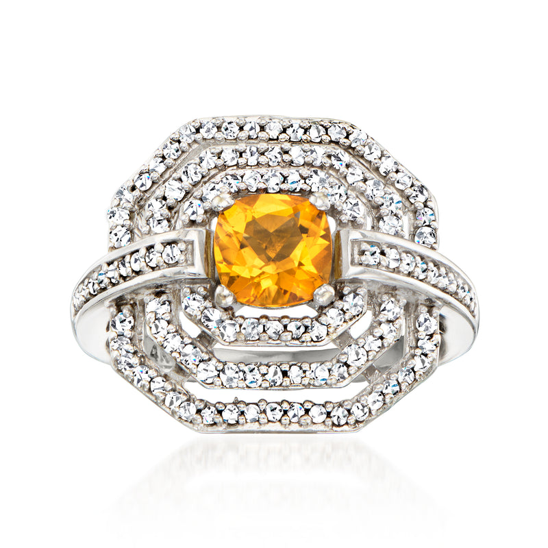 Vintage 14kt white gold citrine ring with diamond halo and split shank