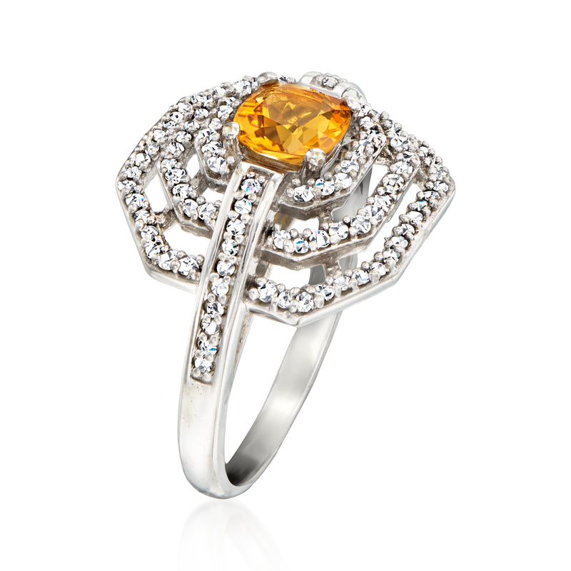 Vintage white gold citrine ring with yellow gemstone in raised halo, side detail
