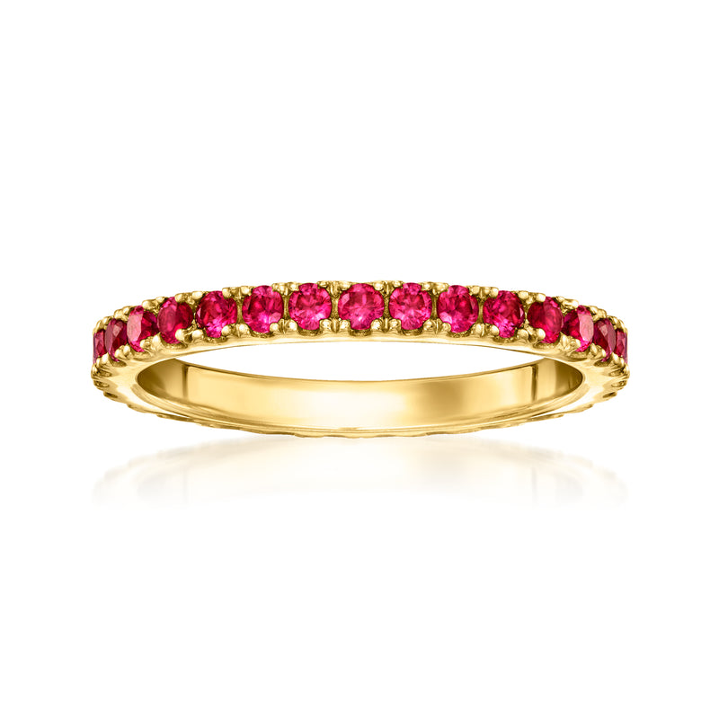 Gold over sterling eternity band with pink-red lab-grown ruby stones