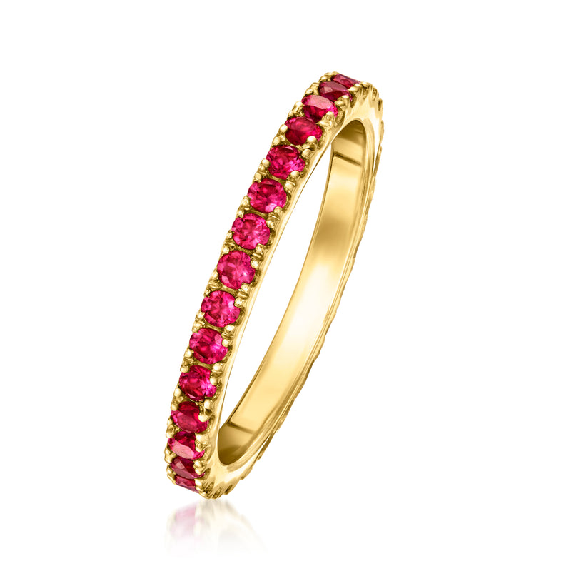 Gold over sterling ruby eternity band with raised round stones, side view