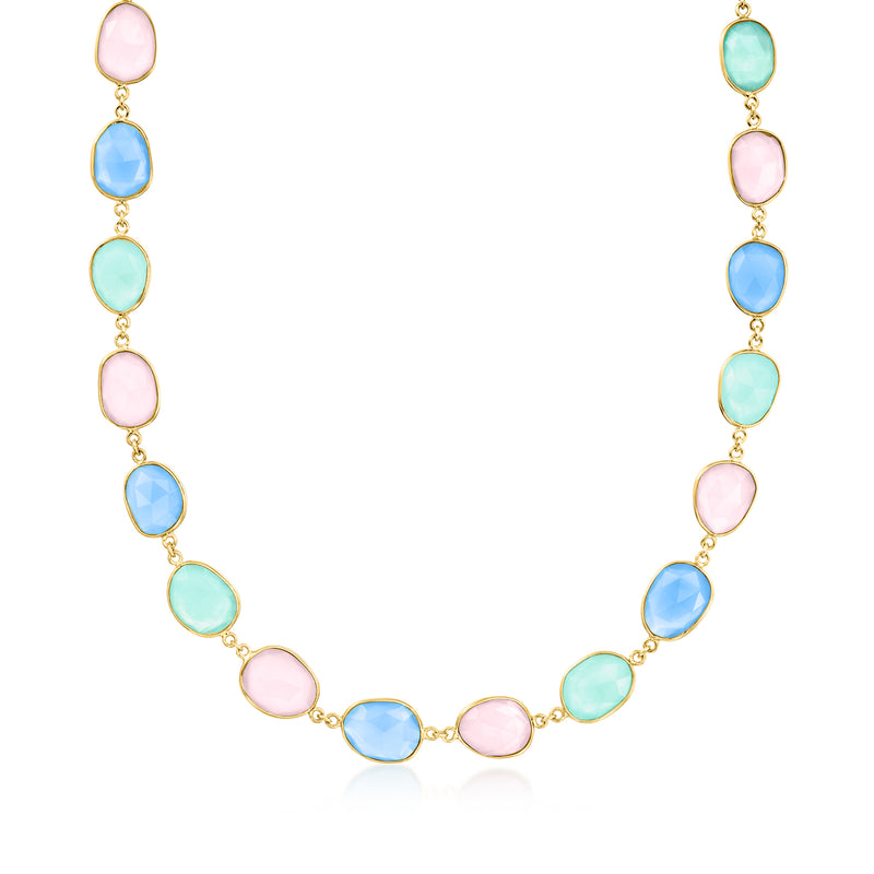 Gold-tone necklace with oval pink, light-blue, and green chalcedony stations.