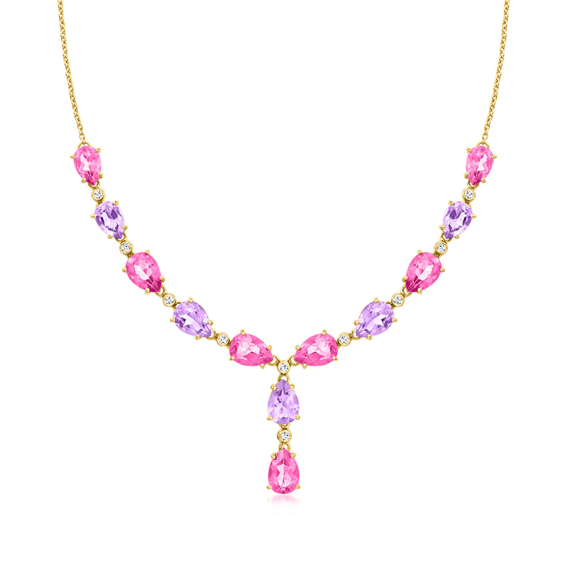 18kt gold Y-necklace with pink and purple gemstone teardrops