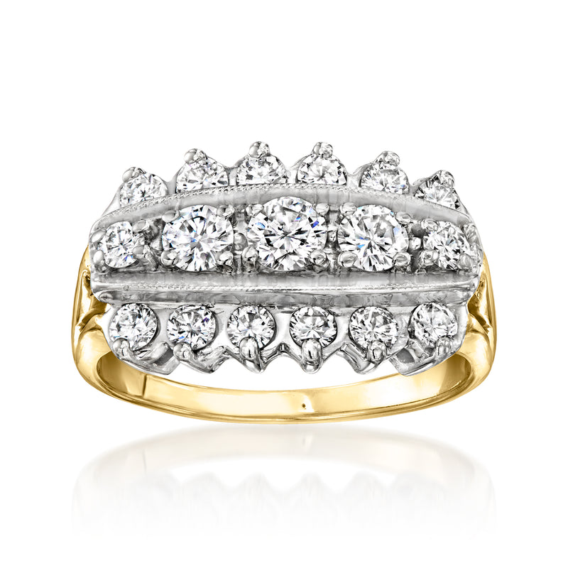 Vintage three-row diamond ring in 14k yellow gold, round stones on split band