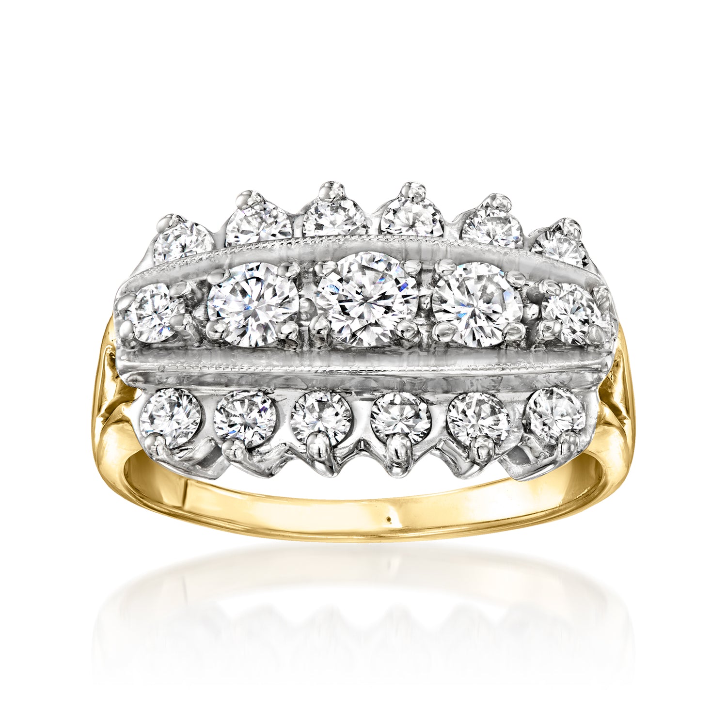 C. 1970 Vintage 1.20 ct. t.w. Diamond Three-Row Ring in 14kt Yellow Gold