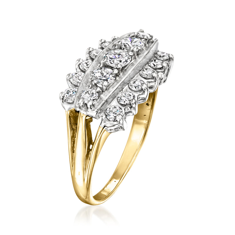 Side view of vintage three-row diamond ring with round stones and 14k yellow gold band