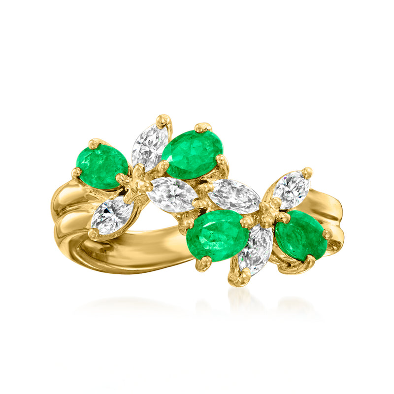 Vintage leaf ring in 18kt yellow gold with green emerald and diamond accents