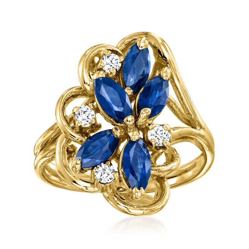 14kt yellow gold sapphire and diamond cluster ring with blue oval stones