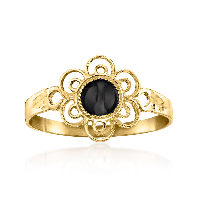 14kt yellow gold floral ring with black enamel oval center