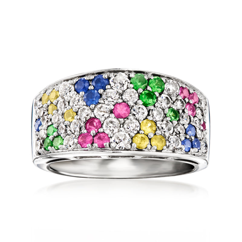 Vintage 14kt white gold ring with multicolored sapphires and diamonds