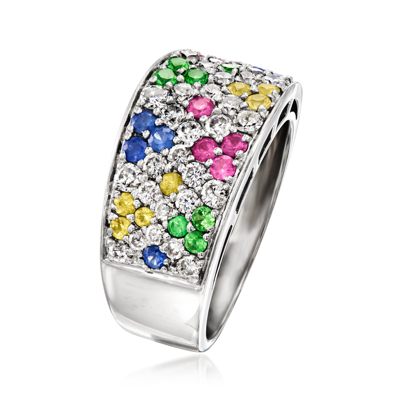 Multicolored sapphire and diamond rectangular cluster ring, angled view in white gold