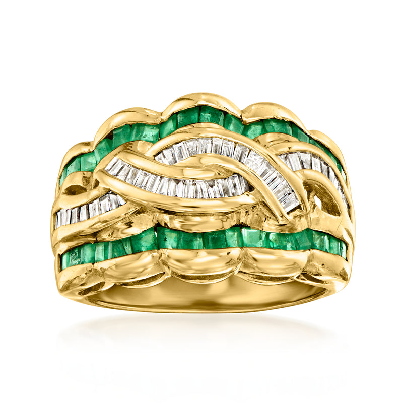 Vintage emerald and diamond ring, 18kt yellow gold, green emeralds with white baguette diamonds