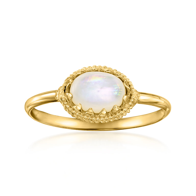 14kt yellow gold ring with round mother-of-pearl and milgrain bezel, scalloped edge