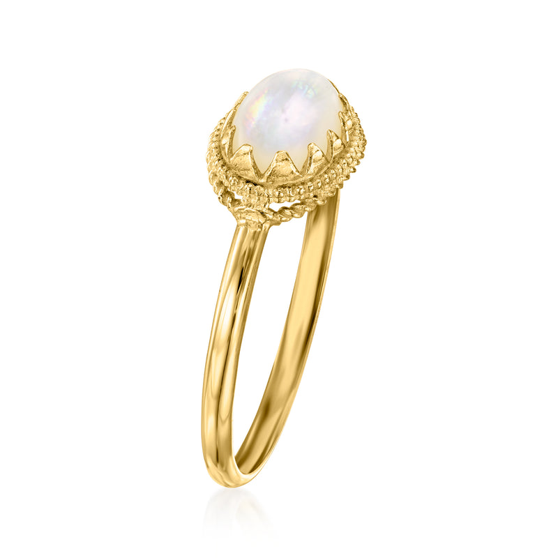 Round mother-of-pearl in milgrain scalloped bezel on 14kt yellow gold band ring