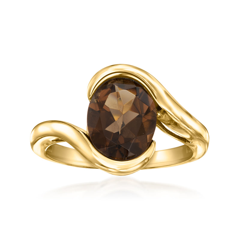Gold over sterling ring with dark smoky quartz oval in a swirl setting