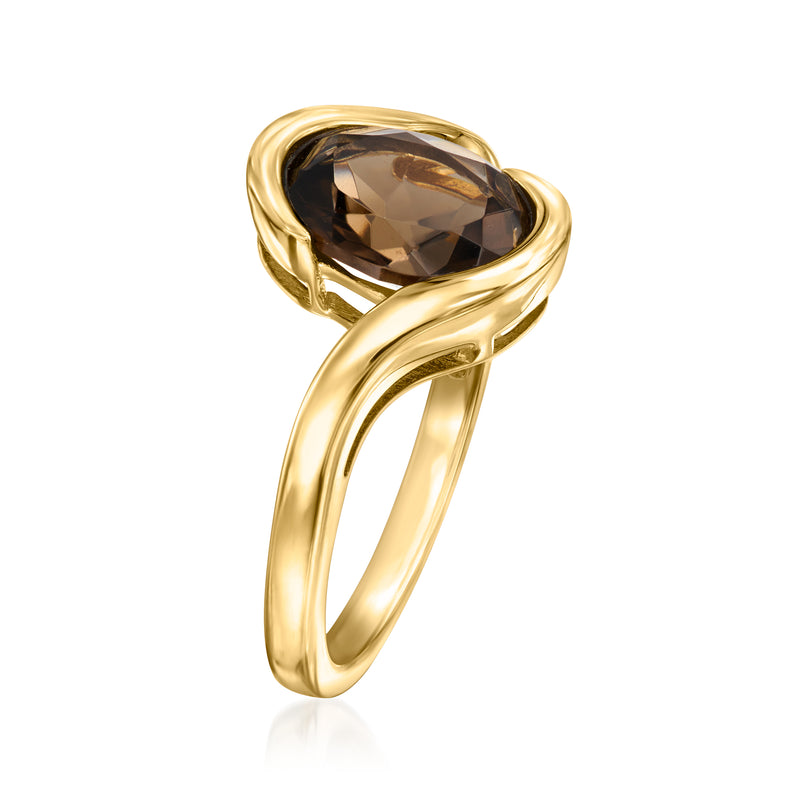Gold-tone swirl ring with oval smoky quartz gemstone, open side view