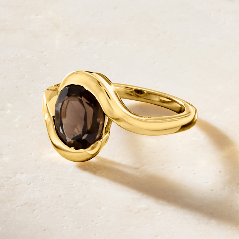 Gold over sterling ring with oval smoky quartz gemstone, side profile