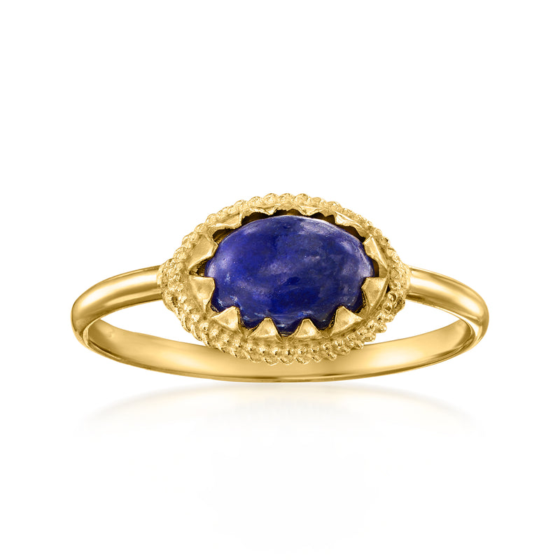 14kt yellow gold ring with oval lapis lazuli cabochon and milgrain halo