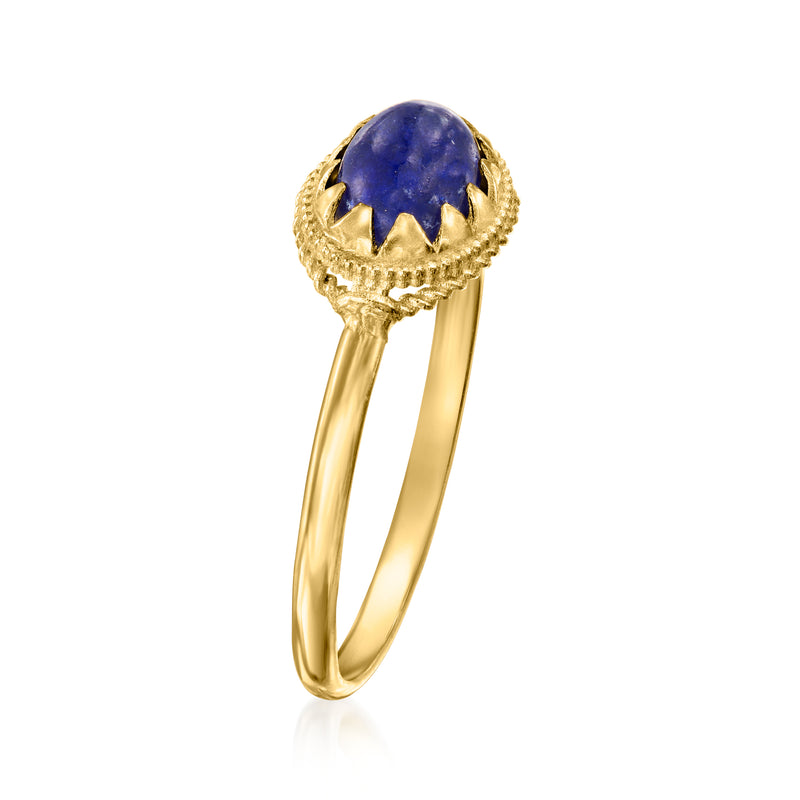 Oval lapis lazuli cabochon ring in 14kt yellow gold with textured milgrain bezel