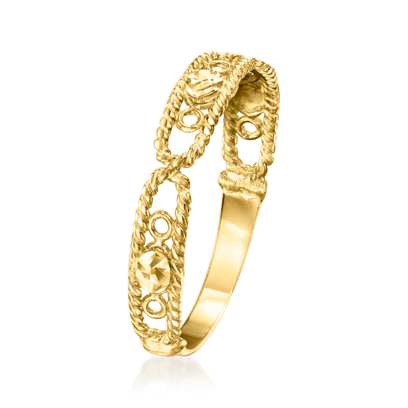 14kt yellow gold station ring with oval center gemstone and rope-textured band