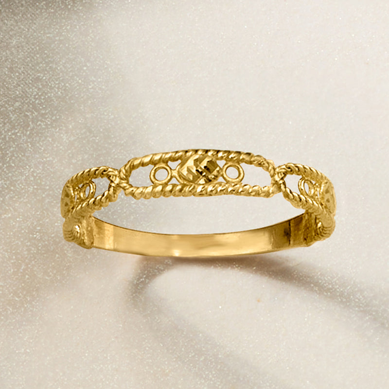 14kt yellow gold station ring with roped-edge band and oval center setting