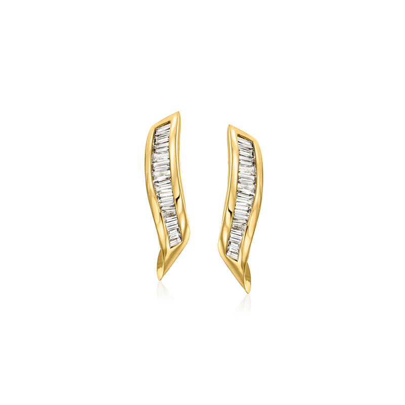 14kt yellow gold curved hoop earrings with baguette-cut diamond rows