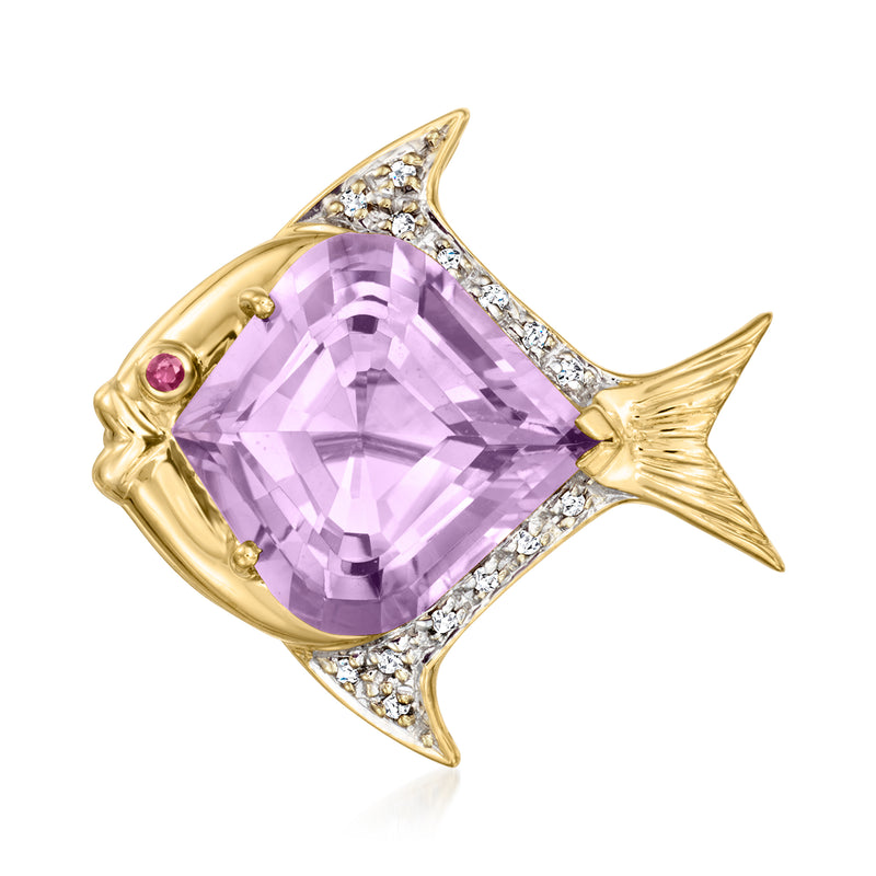 Vintage yellow gold fish pin with amethyst gemstone, diamond accents, and small ruby eye