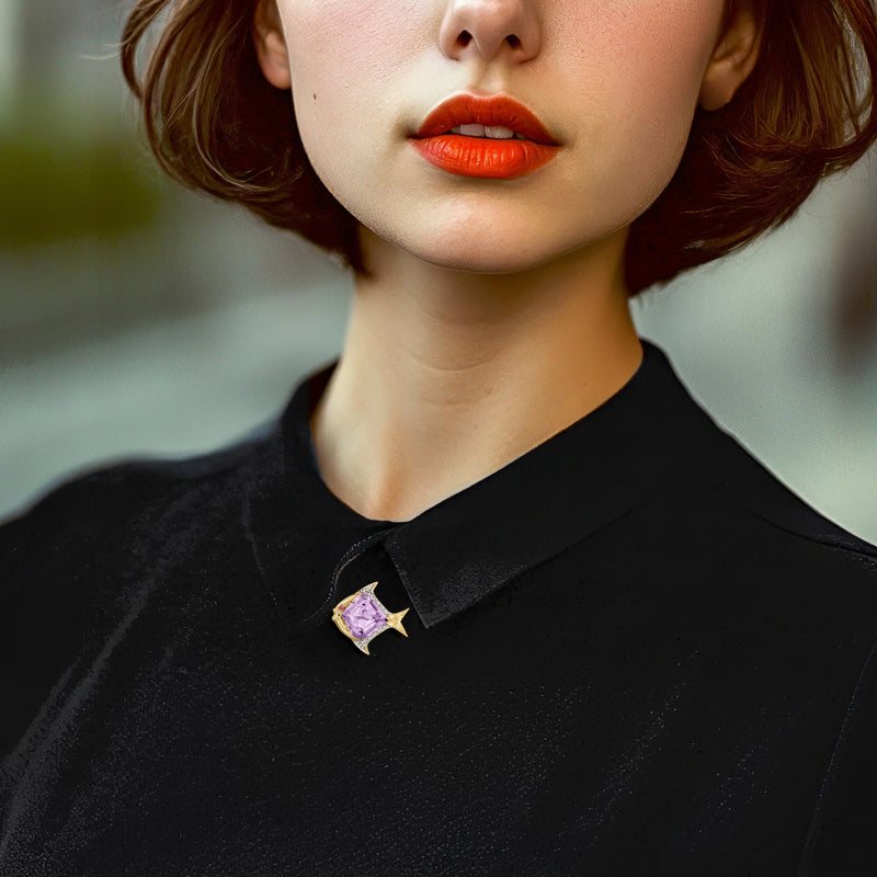 Amethyst fish pin with diamond trim on black shirt collar, 14kt yellow gold