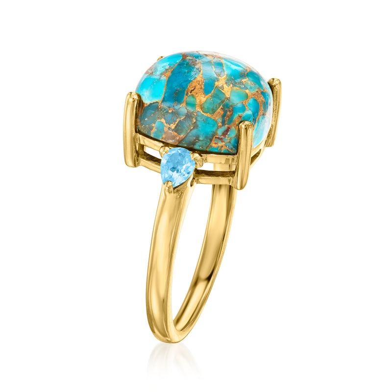 Gold-tone ring with turquoise oval centerpiece and two light blue accents