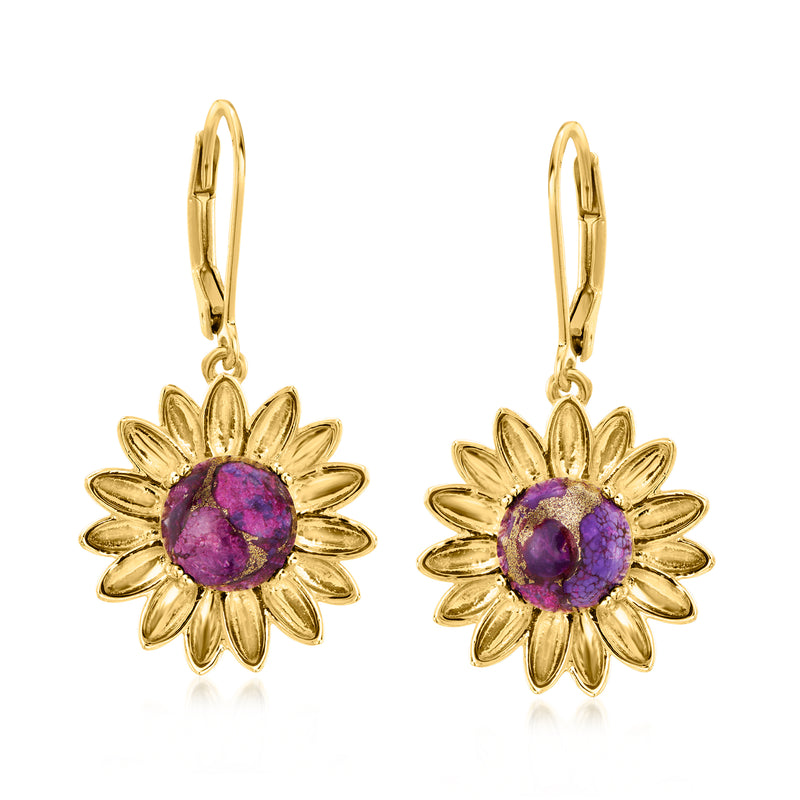 Gold leverback drop earrings with purple sunflower centers and textured petals