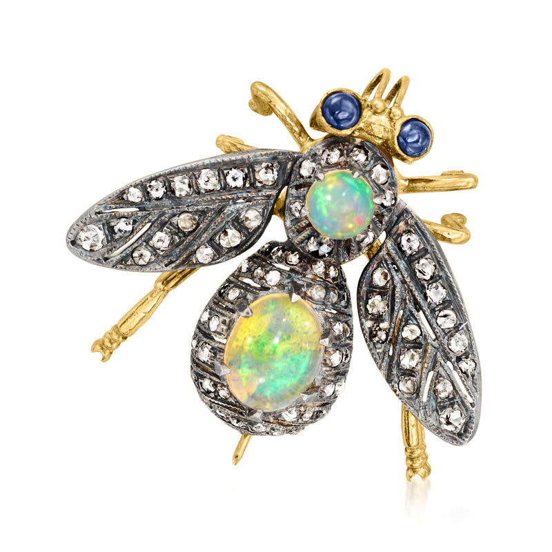 Bumblebee pin in sterling silver with opal cabochons, diamond accents, and sapphire eyes