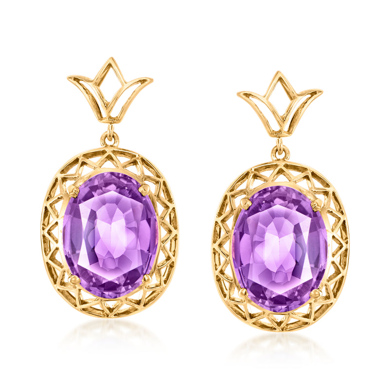 Amethyst oval drop earrings in yellow gold, purple gemstone in ornate frame