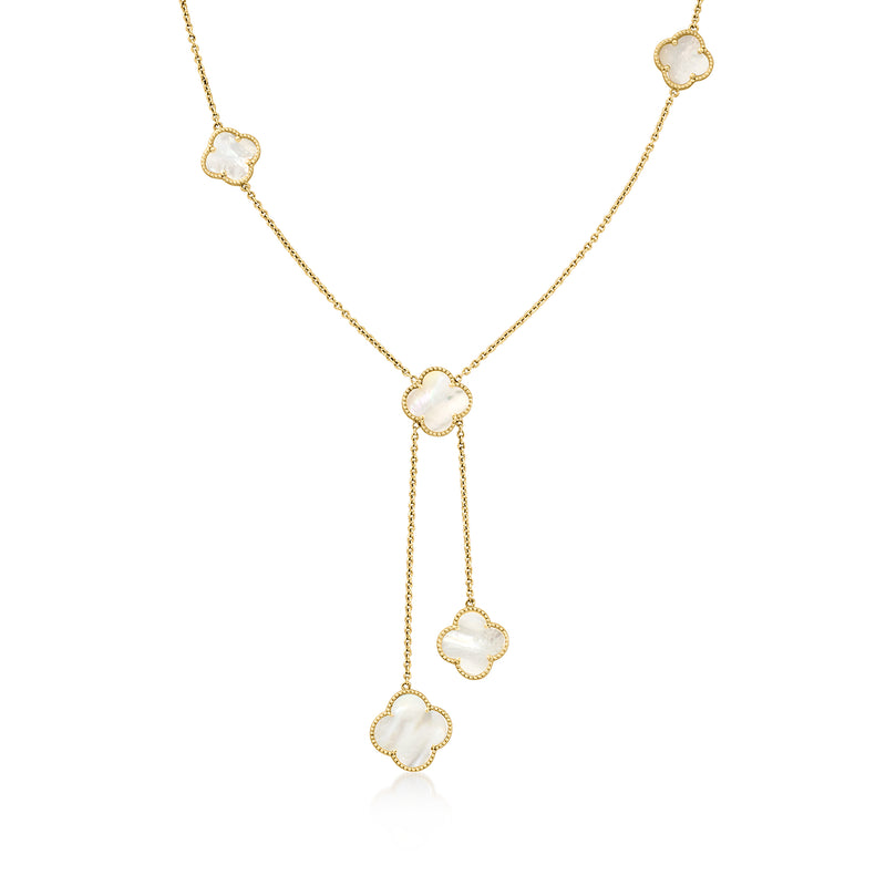 14kt yellow gold Y-necklace with mother-of-pearl clover station charms