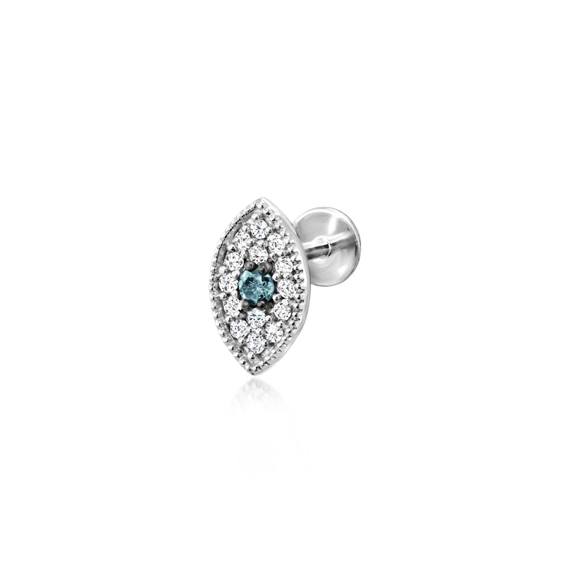 Sterling silver evil eye flat-back stud earring with blue and white stones