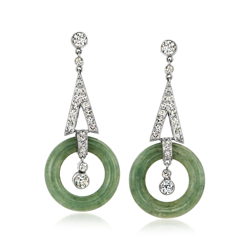 Platinum drop earrings with green jade and round diamond clusters, dangling hoops