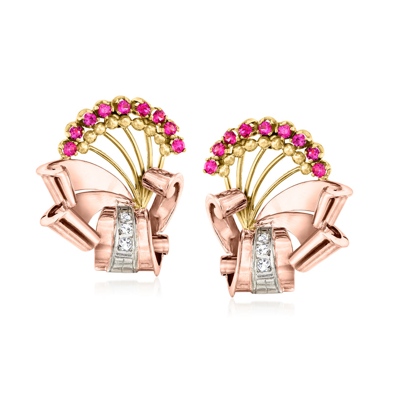 Two-tone gold ribbon earrings with pink rubies and clear diamonds, clip/post style