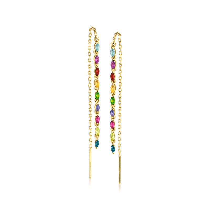 Multi-gemstone threader earrings in gold with vertical multicolor bead drops