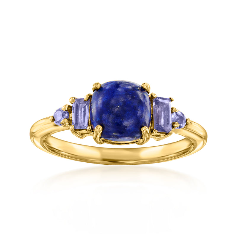 Gold-tone ring with oval blue iolite center and four blue baguette side stones