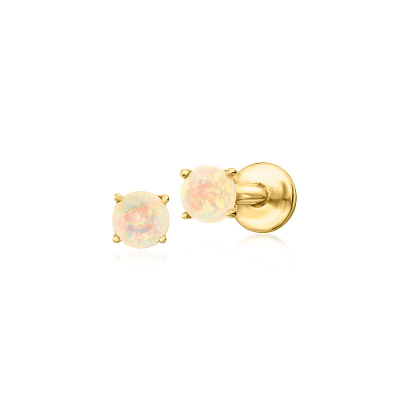 Opal flat-back stud earrings shown side by side, 14kt yellow gold