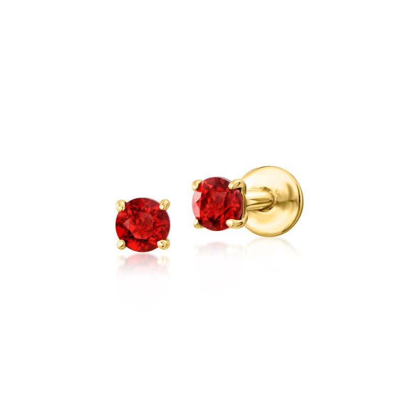 Garnet stud earring in 14kt yellow gold with round red gemstone, front and back views