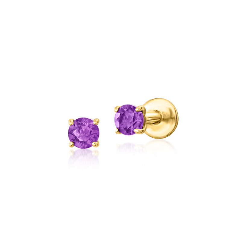 Amethyst stud earrings set: round purple stones on yellow gold flat-back posts